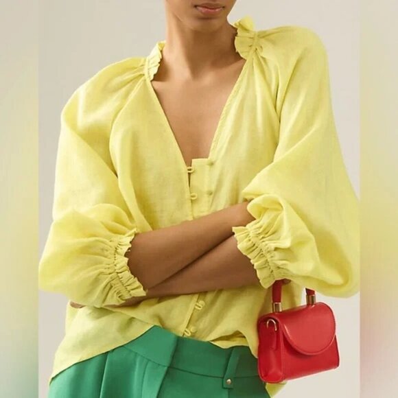 Maeve The Audie Linen Puff-Sleeve Blouse Yellow in Medium size - Picture 1 of 9